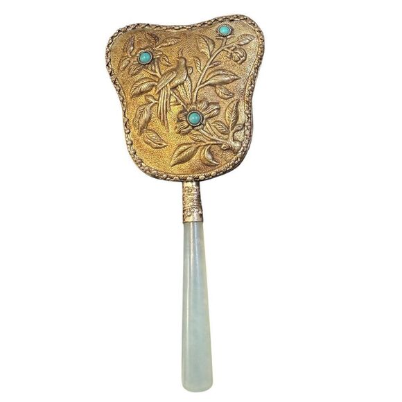 Vintage White Jade Hand Mirror Asian Bird Floral - Picture 6 of 10